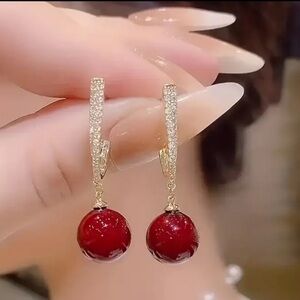 Red Faux Pearl Shiny Zircon Decor Dangle Earrings
